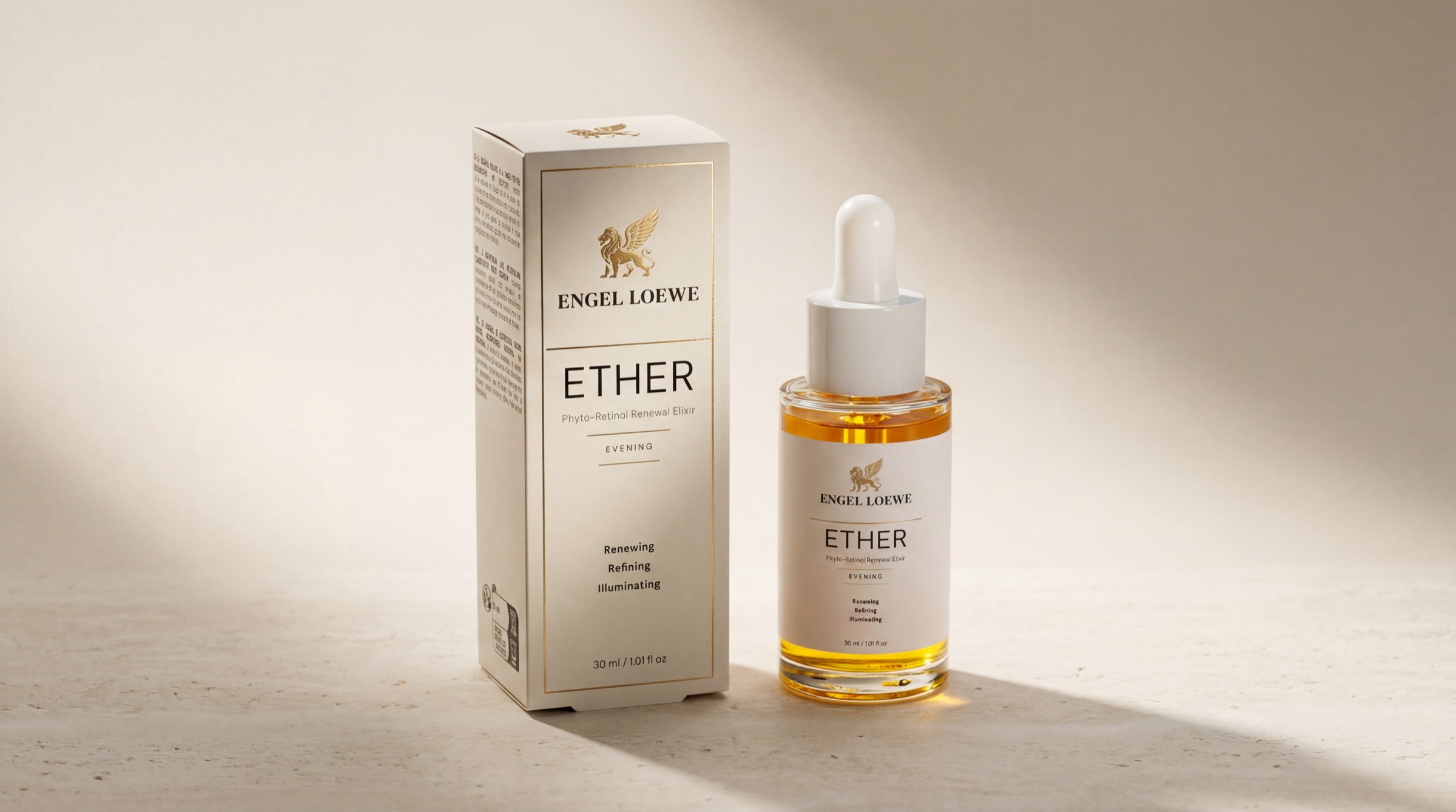 ETHER Botanical Renewing Elixir — product and dark-mode setting